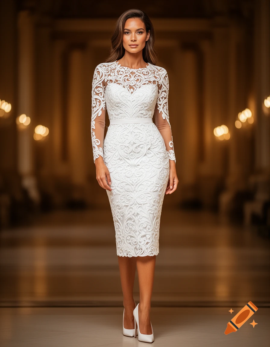 A woman in a white, long-sleeved, intricately patterned knee-length dress and white high heels stands in a well-lit hall.