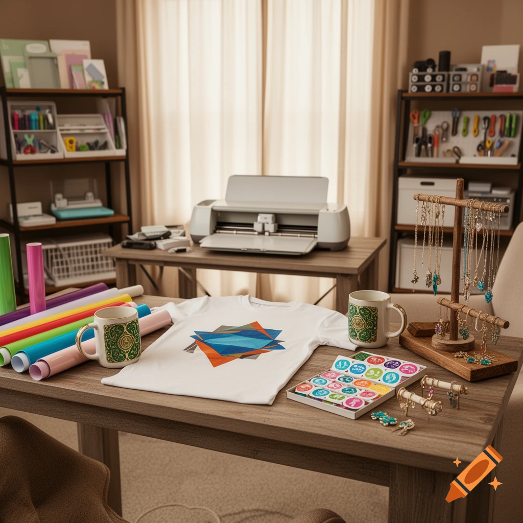 A well-organized crafting room featuring a Cricut machine, colorful vinyl rolls, a white t-shirt with a geometric design, decorative mugs, jewelry, and stickers on a wooden table.