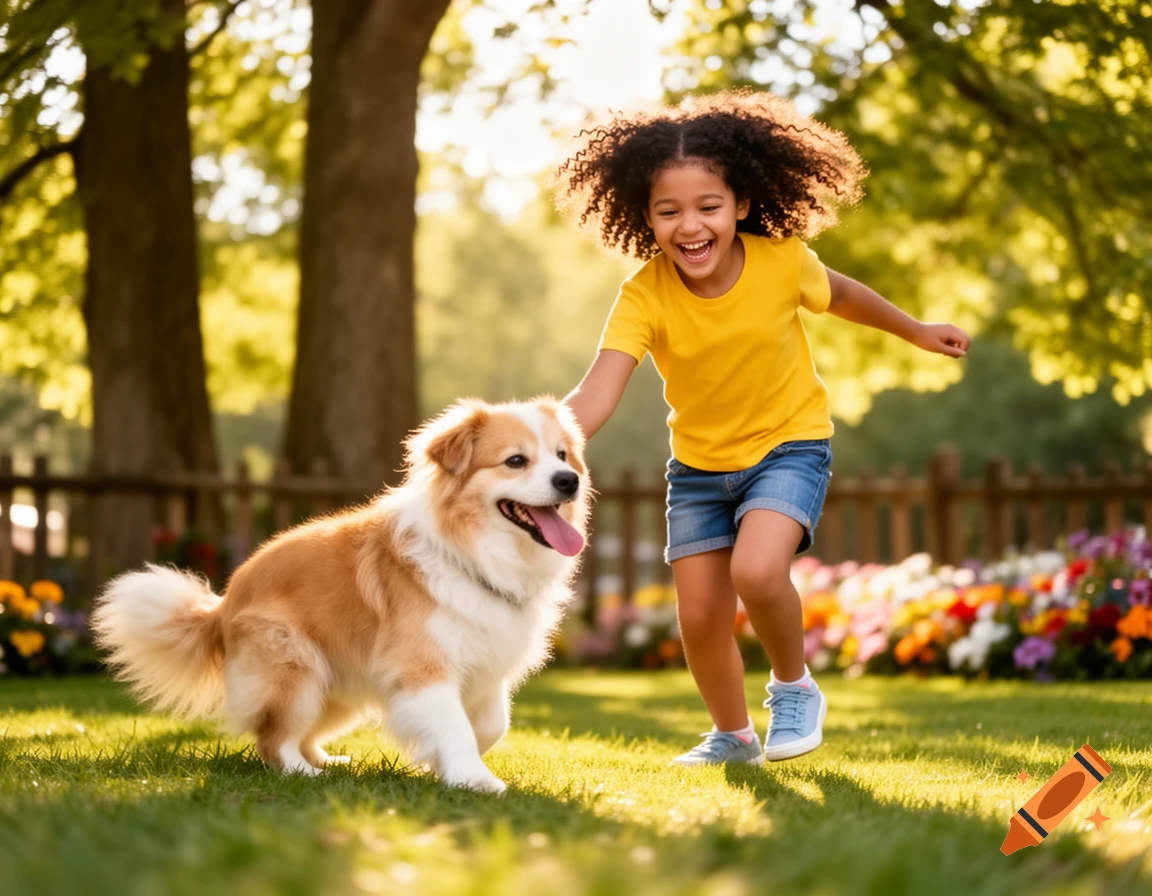 A happy young girl with curly hair and a fluffy dog run and play in a sunny green backyard with flowers.