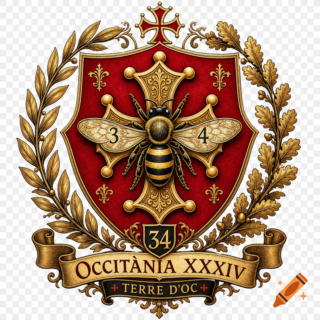 A detailed medieval heraldic coat of arms with a red shield, golden Occitan cross, bee, oak and laurel wreaths, and 'Occitània XXXIV' text.