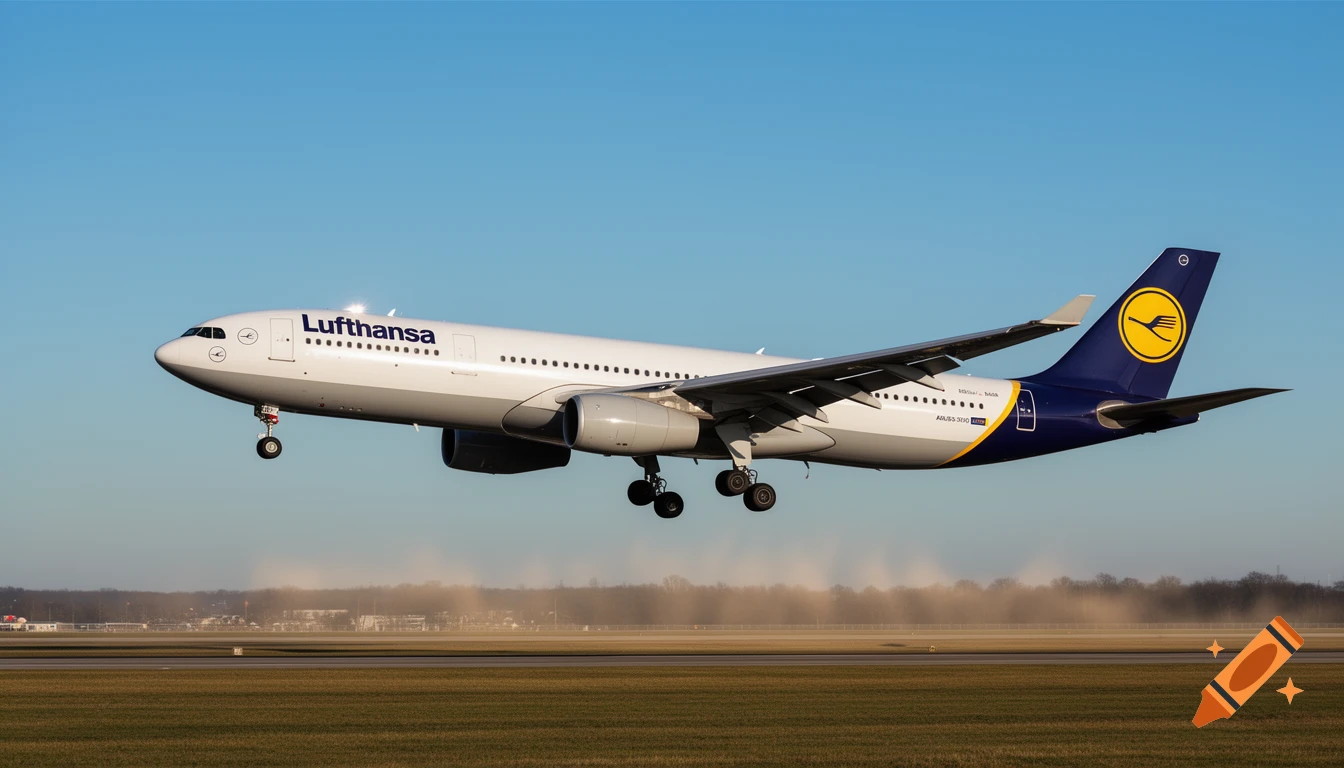 Photorealistic aviation shot of a Lufthansa A330-300 airplane landing, gears down, against a blue sky.