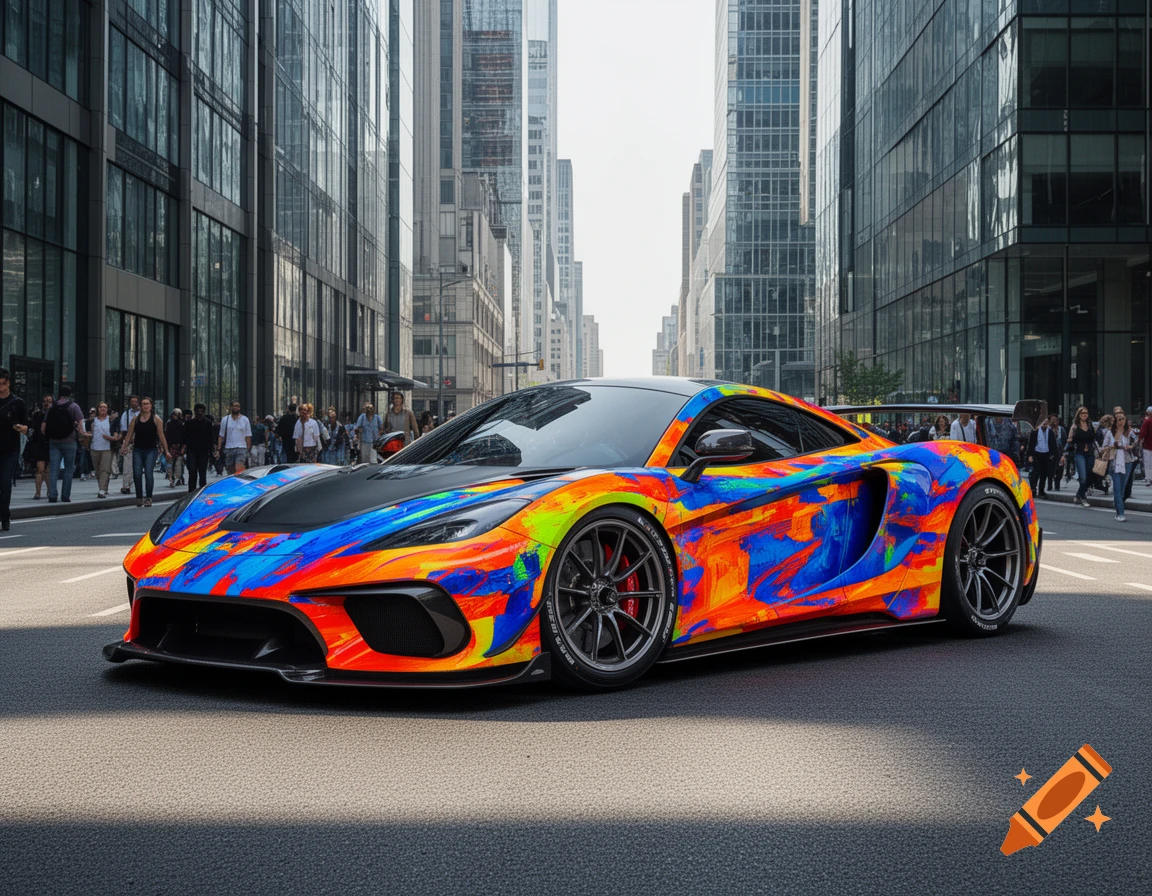 A vibrant, colorful sports car with an abstract paint job parked on a city street, with tall buildings and pedestrians in the background.