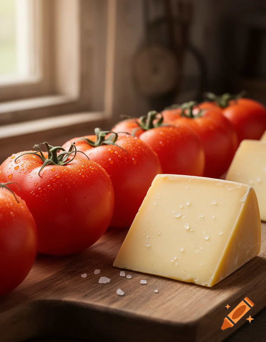 A close-up, photorealistic shot of a row of fresh, dew-kissed red tomatoes alongside a wedge of yellow cheese and sprinkled salt on a wooden cutting board, with a window in the blurred background.