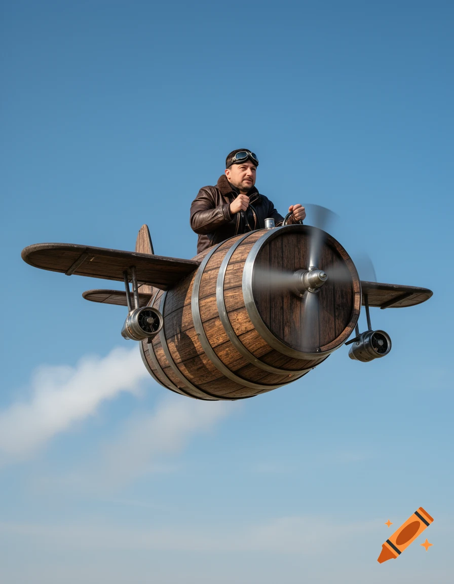 A man in a leather jacket and aviator goggles pilots a whimsical plane made from a wooden barrel against a clear blue sky.