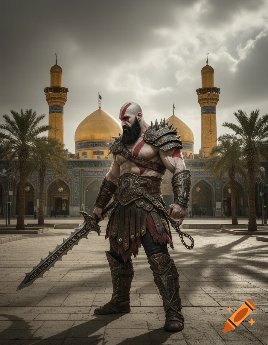 Kratos, bald and bearded with red body paint and armor, stands holding a large sword and chain in front of a grand mosque with golden domes and minarets under a cloudy sky.