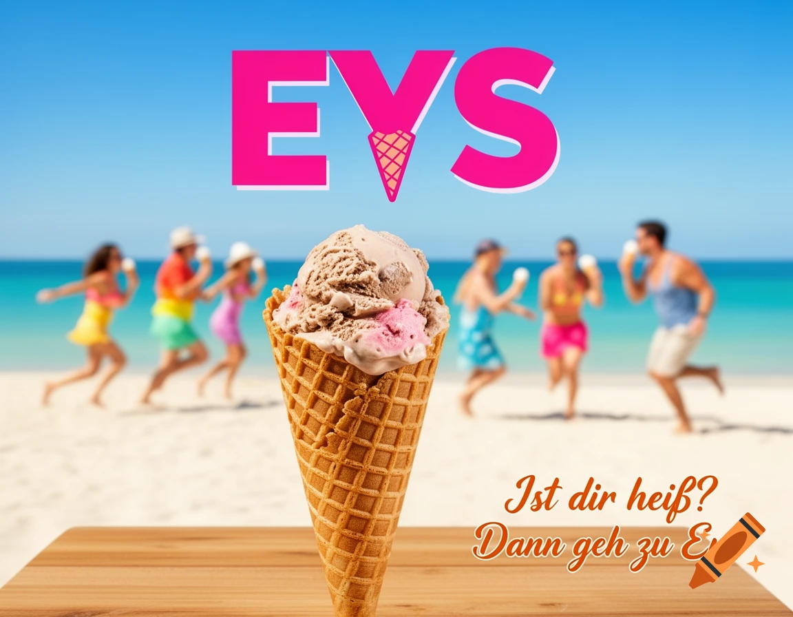 A melting chocolate and strawberry ice cream cone on a wooden table, with blurred people running on a sunny beach in the background. Pink text "EYS" and orange text "Ist dir heiß? Dann geh zu Eys" are overlaid.