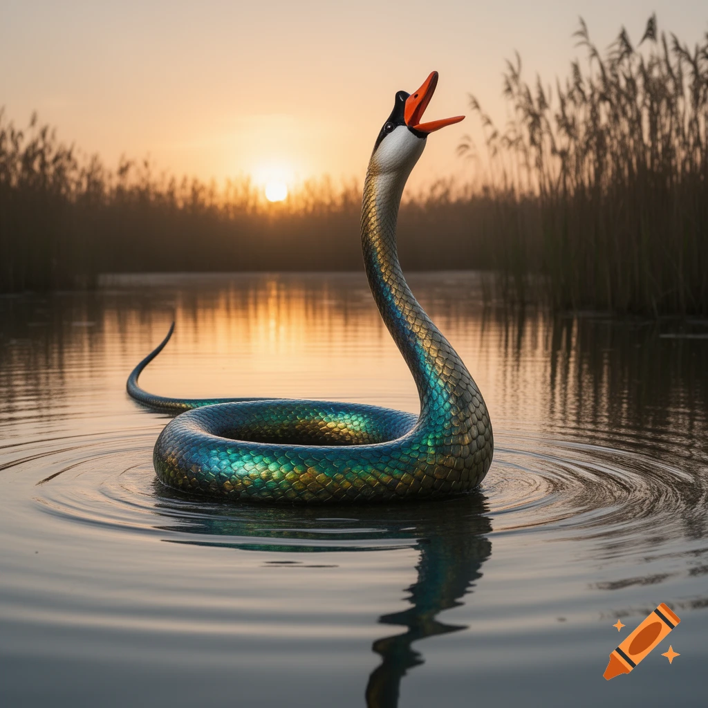 A swan head on an iridescent snake body emerges from water, with a sunset and reeds in the background.