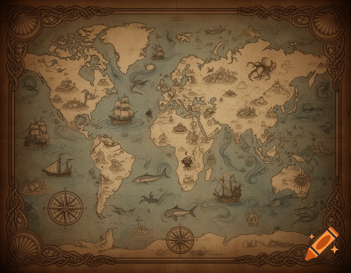 Detailed vintage illustrated world map with sailing ships, sea creatures, islands, and decorative borders.