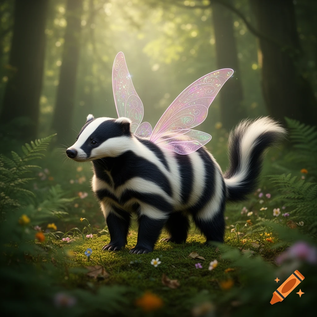 A photorealistic badger-skunk hybrid with pink fairy wings stands in a sunlit forest.