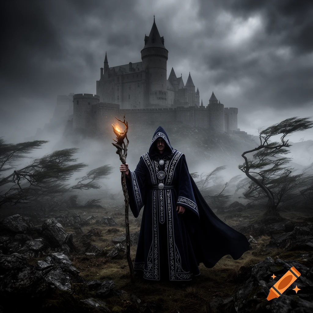 A dark wizard holding a glowing staff stands before a gloomy castle and windswept trees on a foggy day.