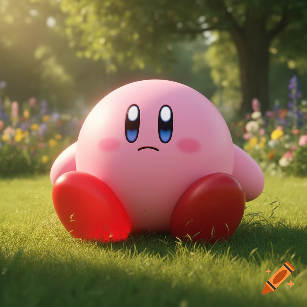 A sad-looking Kirby with red feet sits in a sunlit green grassy field with wildflowers in the background.