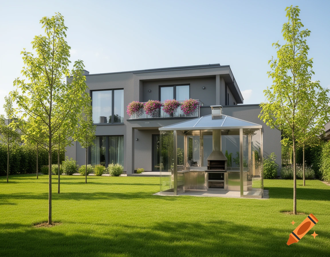 A modern grey two-story house with a flower-filled balcony, green lawn, young trees, and a glass gazebo with a barbecue grill.