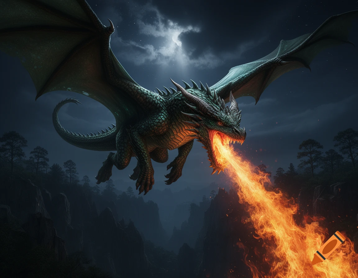 A powerful green dragon with large wings flies at night over mountains and a dark forest, breathing a fiery stream from its mouth.