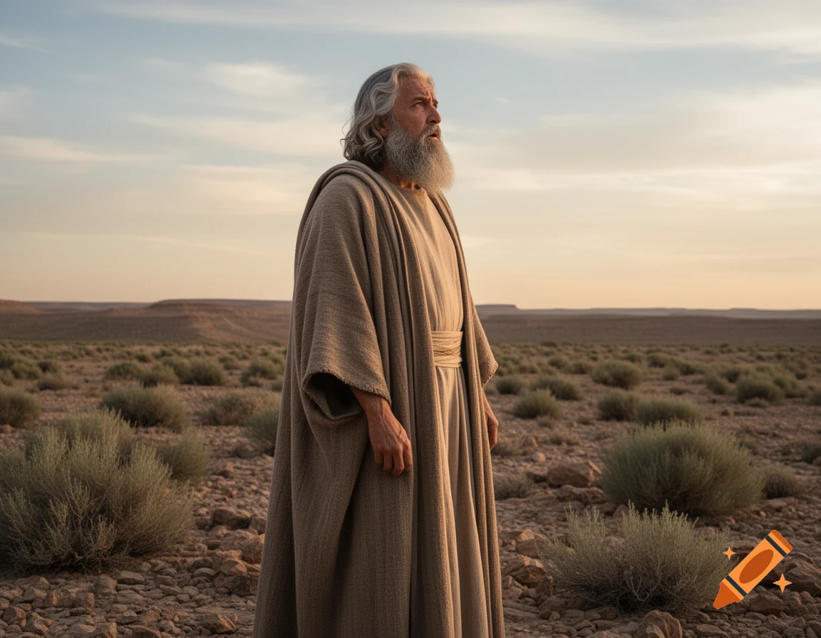 A bearded old man in a robe stands in a rocky desert, looking pensive at the horizon.