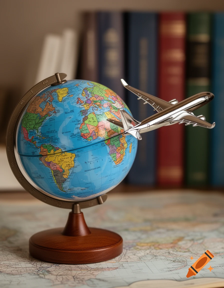 A silver toy airplane flying above a detailed world globe with a wooden base, set on a map with blurred books in the background.