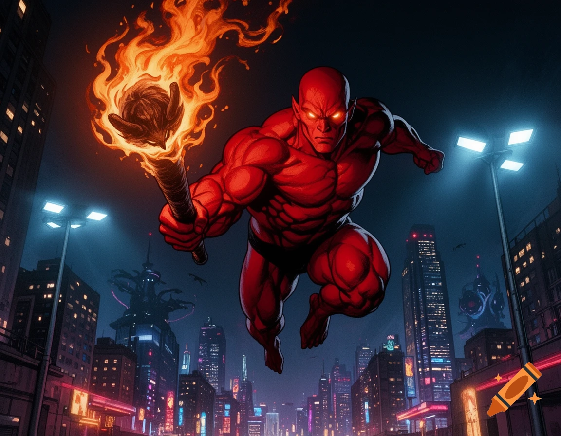 Muscular red-skinned superhero with glowing eyes flies over a neon city at night, holding a flaming club in comic book art style.
