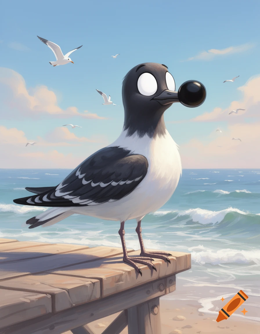 Cartoon black and white seagull with a black spherical nose on a wooden dock by the ocean under a blue sky.