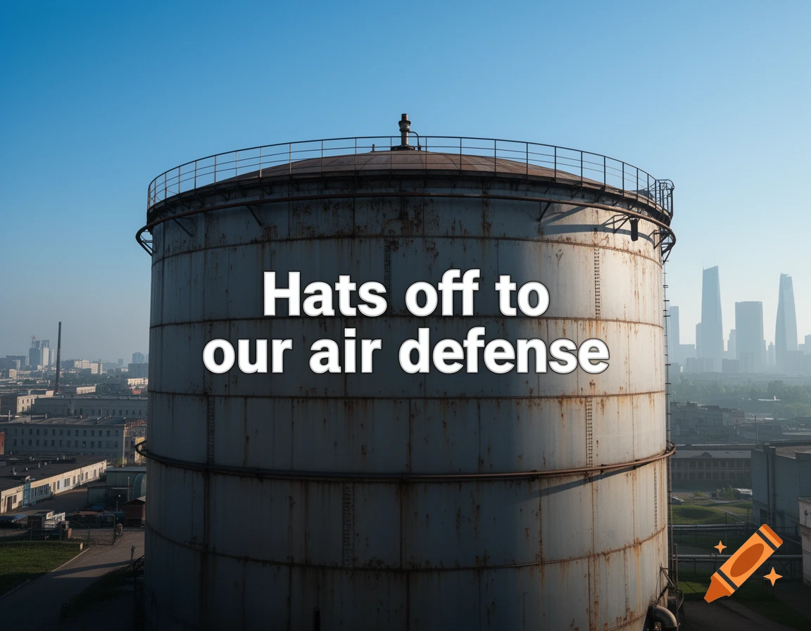 Photorealistic image of a large, rusty oil storage tank with 'Hats off to our air defense' text, against a clear blue sky and distant city skyline.