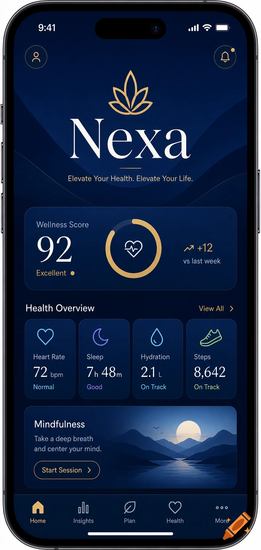 A smartphone screen displaying a sleek wellness app called 'Nexa' with a dark blue theme and gold accents, showing health metrics like wellness score, heart rate, sleep, hydration, and steps.