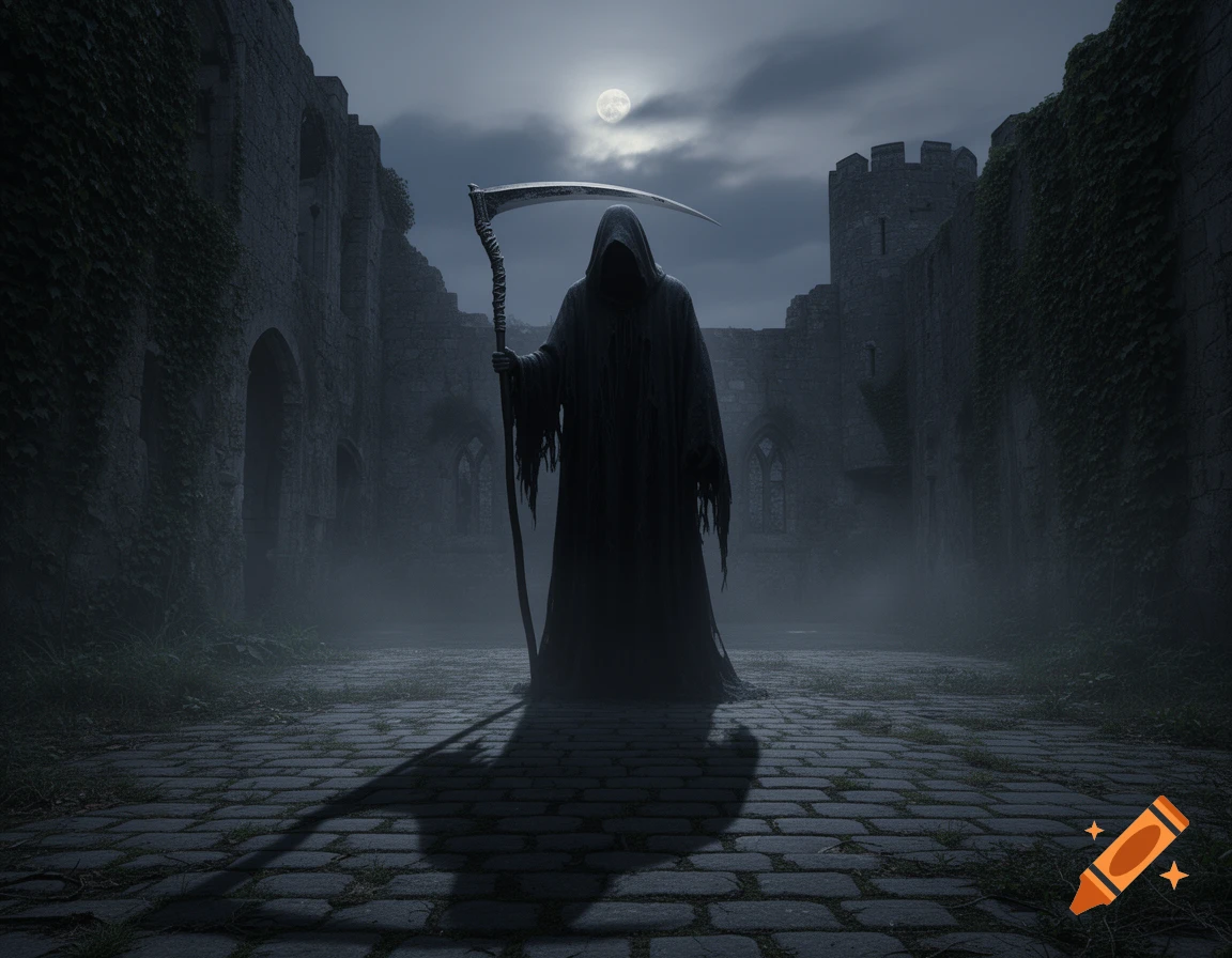 The Grim Reaper stands menacingly in a ruined castle courtyard under a full moon, casting a long shadow.