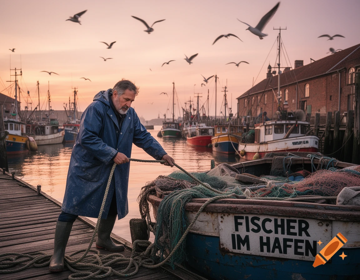 A photorealistic image of a fisherman pulling a rope on a dock in a busy harbor with boats and seagulls at sunset.