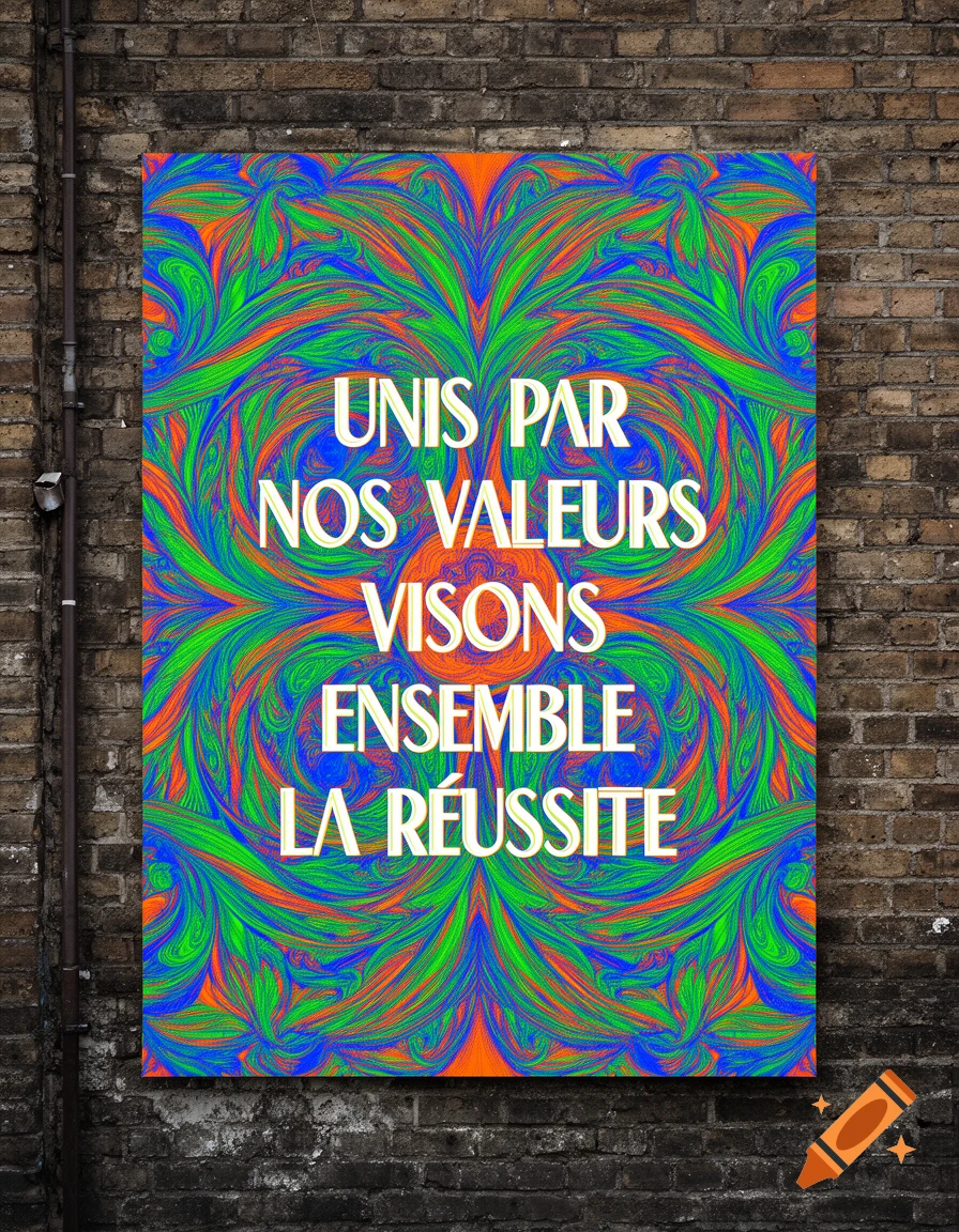 A vibrant, abstract poster with swirling green, blue, and orange patterns on a brick wall, featuring the French text: UNIS PAR NOS VALEURS VISONS ENSEMBLE LA R R ÉUSSITE.