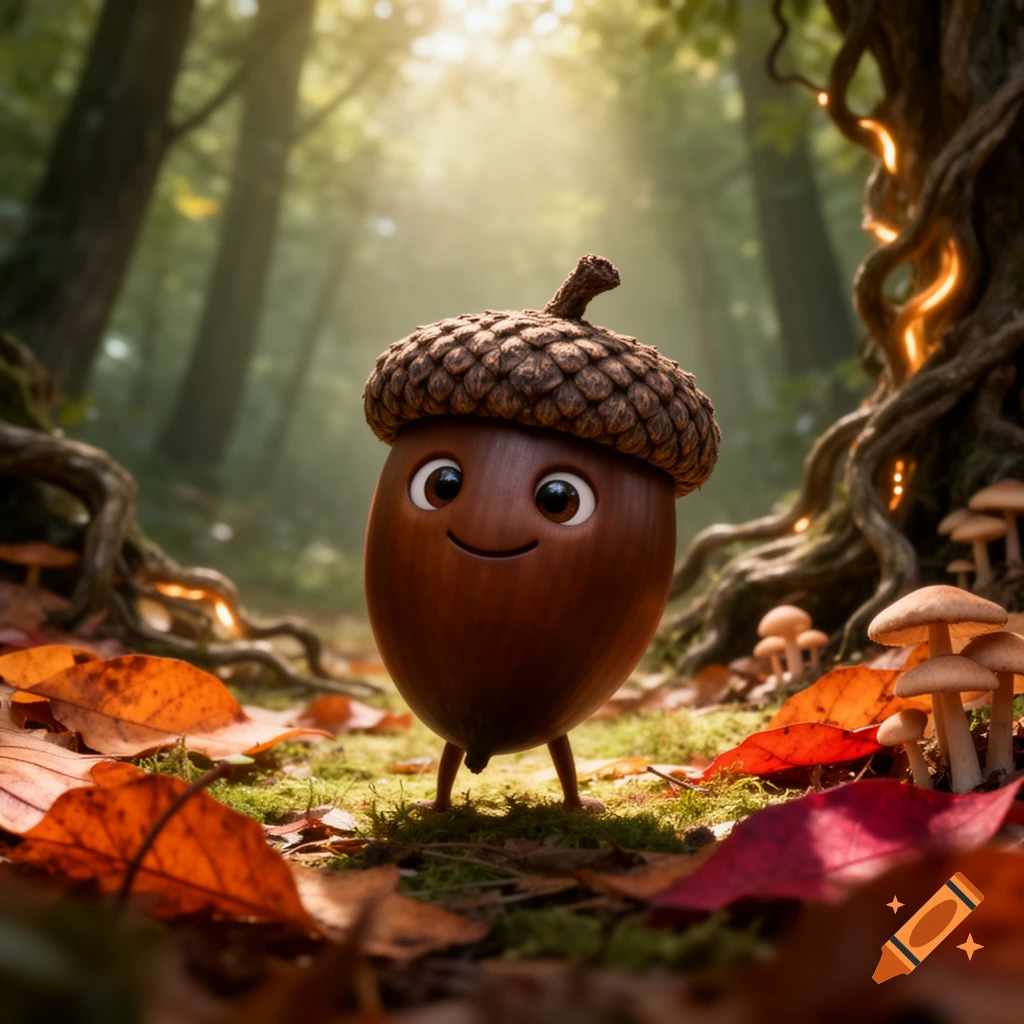 A cute, smiling acorn character with tiny legs stands in a sunlit autumn forest with fallen leaves and mushrooms.