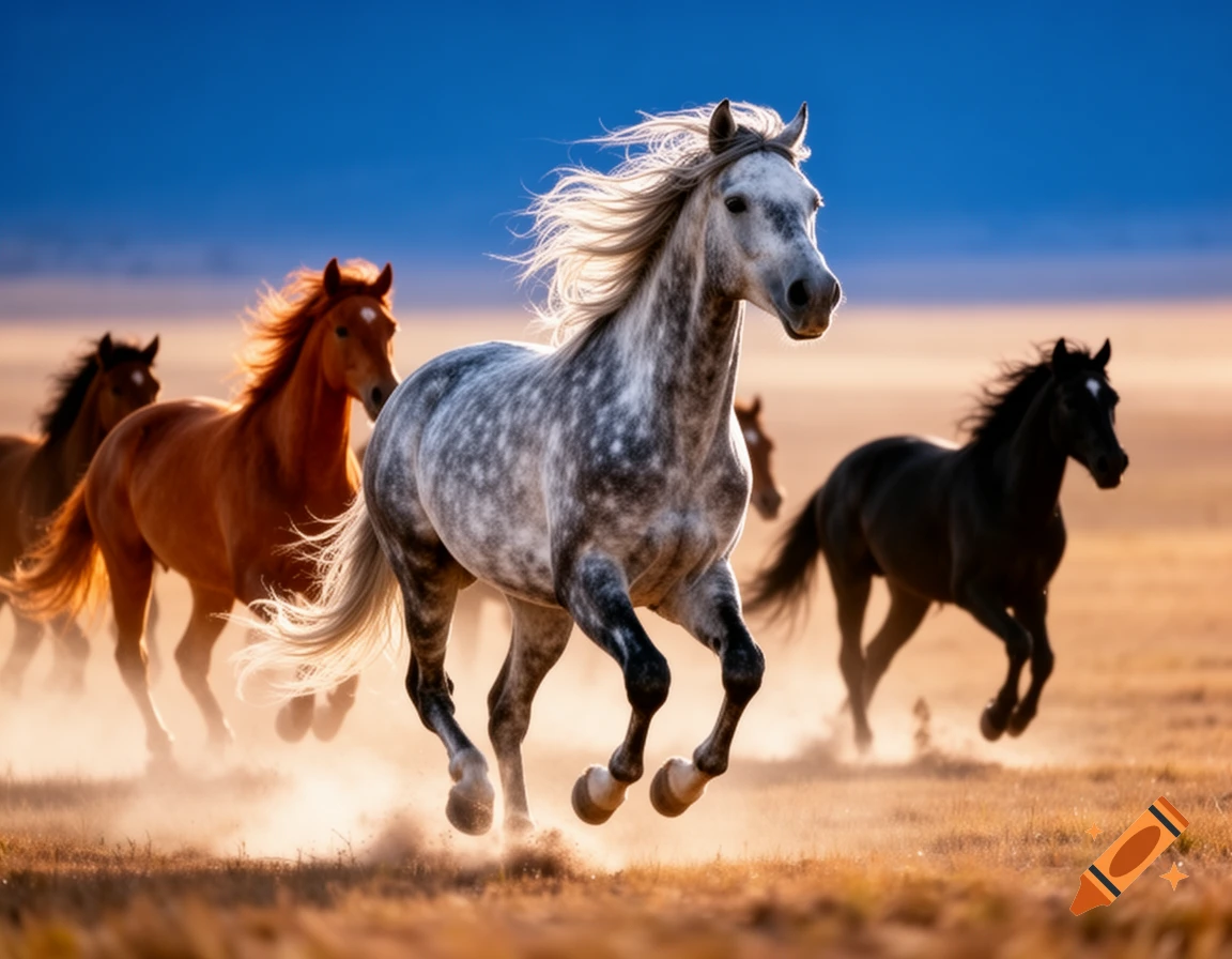 A dappled grey horse leads a herd galloping through a dusty field under a blue sky, bathed in golden light.