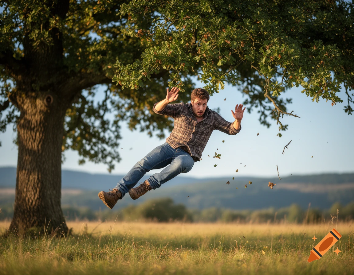A man in a plaid shirt and jeans falls from a tree, with leaves and twigs scattering around him in a sunny field.