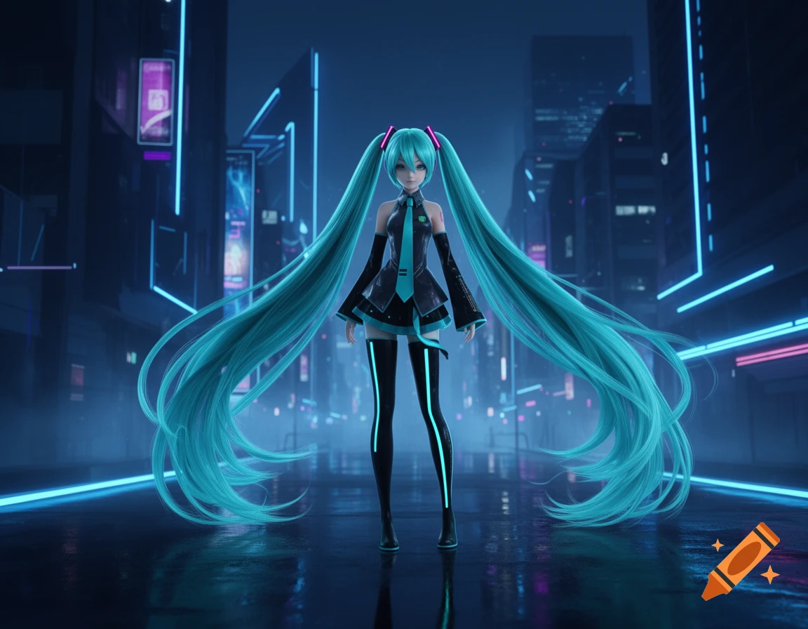 Hatsune Miku in her signature outfit stands in a dark futuristic city with glowing blue and pink neon lights.
