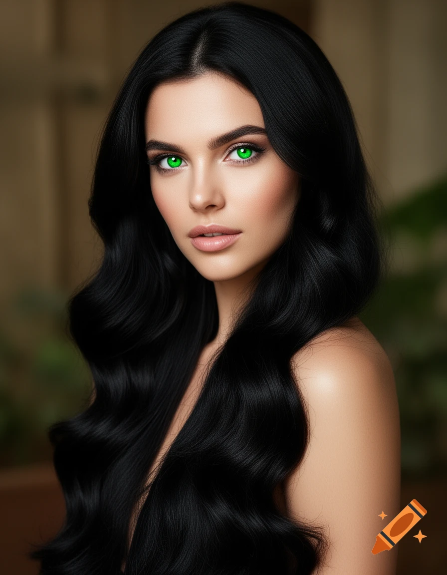 Photorealistic portrait of a woman with long raven black hair and shiny emerald green eyes.