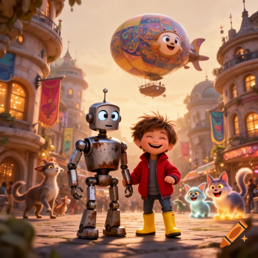 A smiling cartoon boy and a rusty robot walk hand-in-hand down a vibrant street, with a whimsical hot air balloon and cartoon animals.