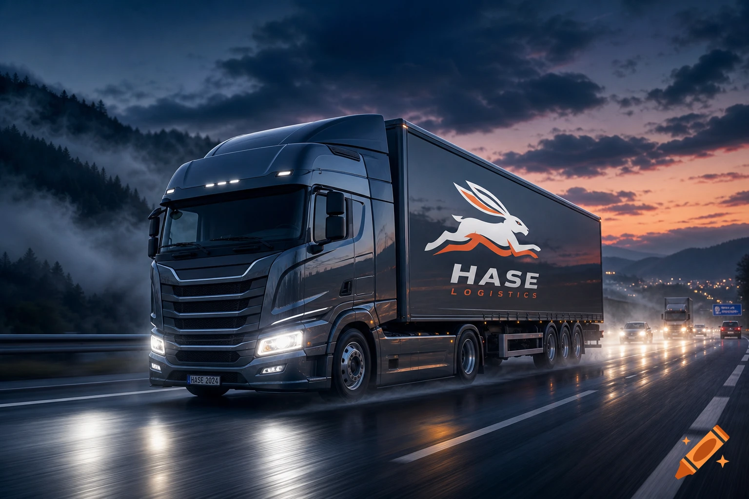 A dark semi-truck with a 'HASE LOGISTICS' rabbit logo on its side drives on a wet highway at dusk, with other vehicles and distant lights.