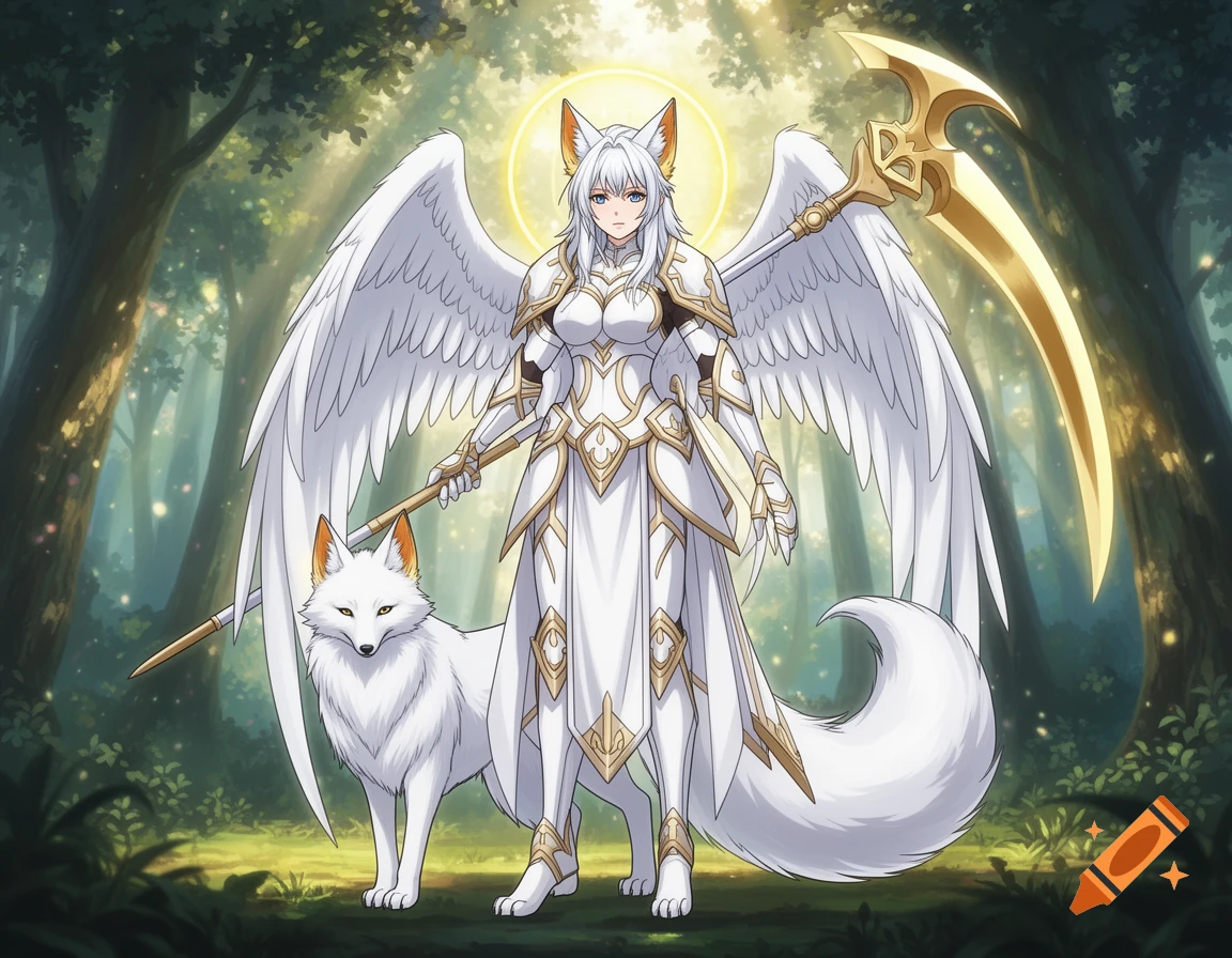 Digital anime art of a white-haired, winged fox warrior woman holding a scythe, with a halo, standing next to a white fox in a forest.