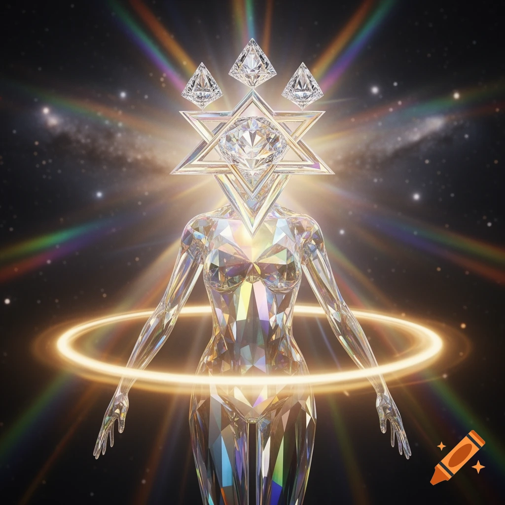 A glowing crystalline humanoid figure with a diamond star for a head and three diamond crown, surrounded by a light ring in space.