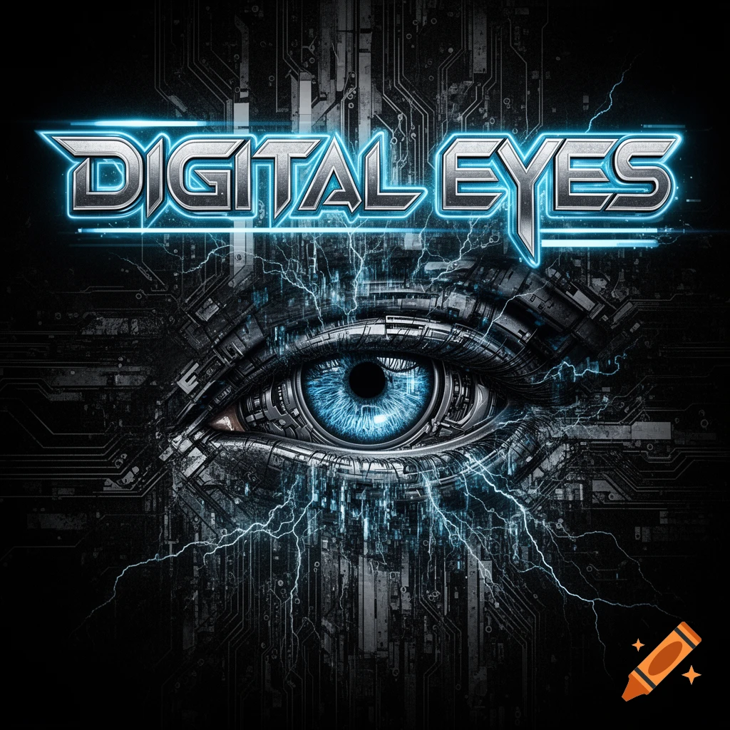 A digital-themed album cover featuring a mechanical blue eye surrounded by circuit board patterns and glowing lightning, with the text 'DIGITAL EYES' at the top.