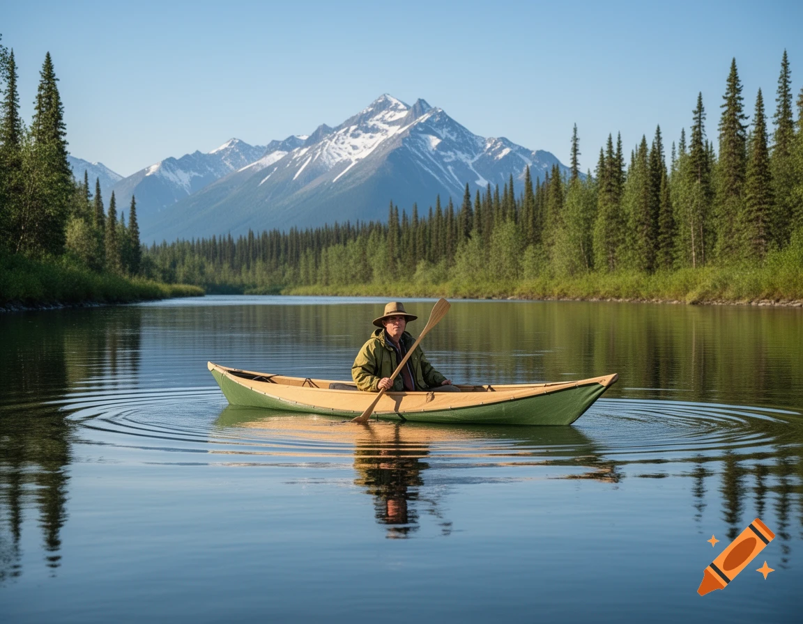 A person in a hat and jacket paddles a kayak on a calm lake, surrounded by a dense evergreen forest and snow-capped mountains under a clear sky.