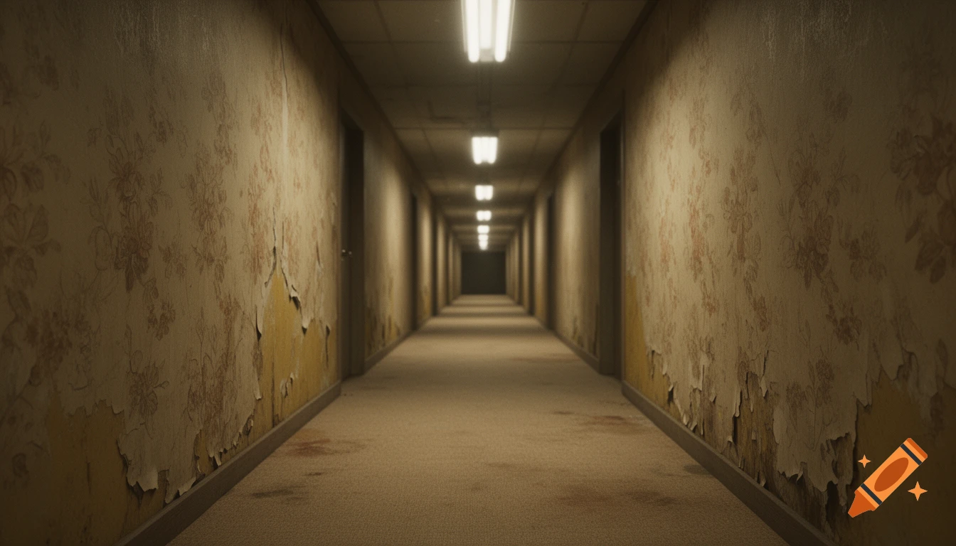 A long, dark, unsettling hallway with peeling floral wallpaper and dirty beige carpet, lit by overhead fluorescent lights.
