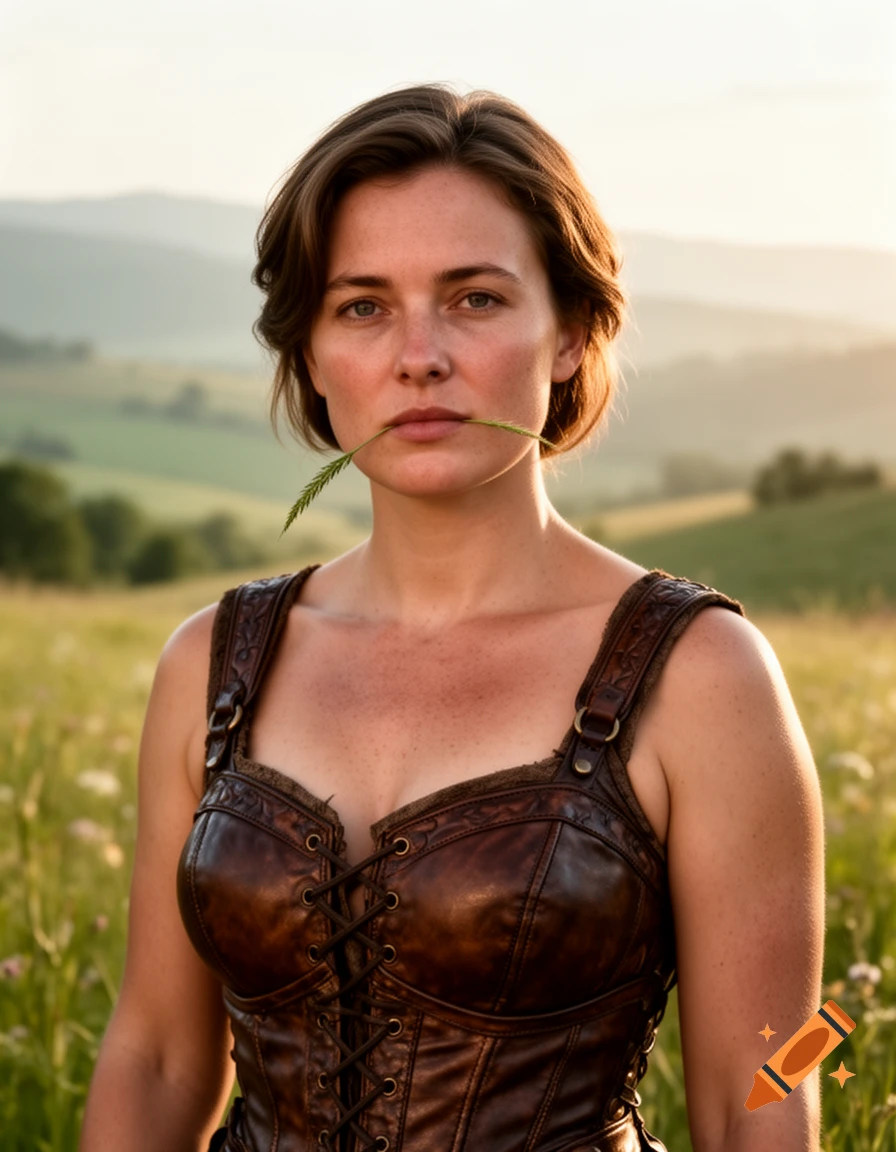 A woman with short hair and a leather corset stands in a sunlit field, a blade of grass in her mouth.