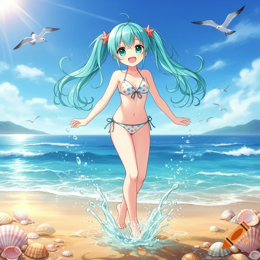 Anime girl with teal pigtails in a polka-dot bikini splashing in the shallow water on a sunny beach with seashells.