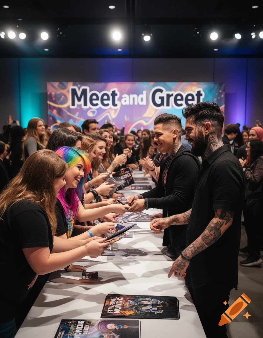 A vibrant meet and greet event where fans interact with artists, getting autographs at a long table, with a large "Meet and Greet" sign in the background.