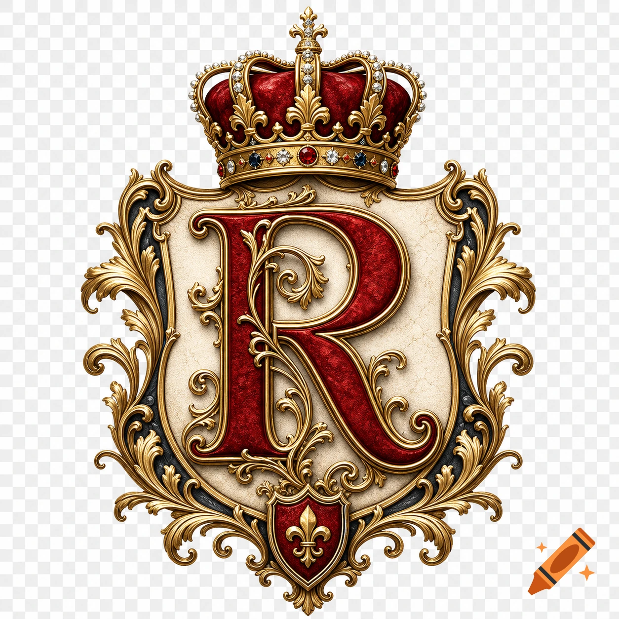 Ornate royal crest with a red letter R, a gold crown, and decorative gold scrollwork on a transparent background.