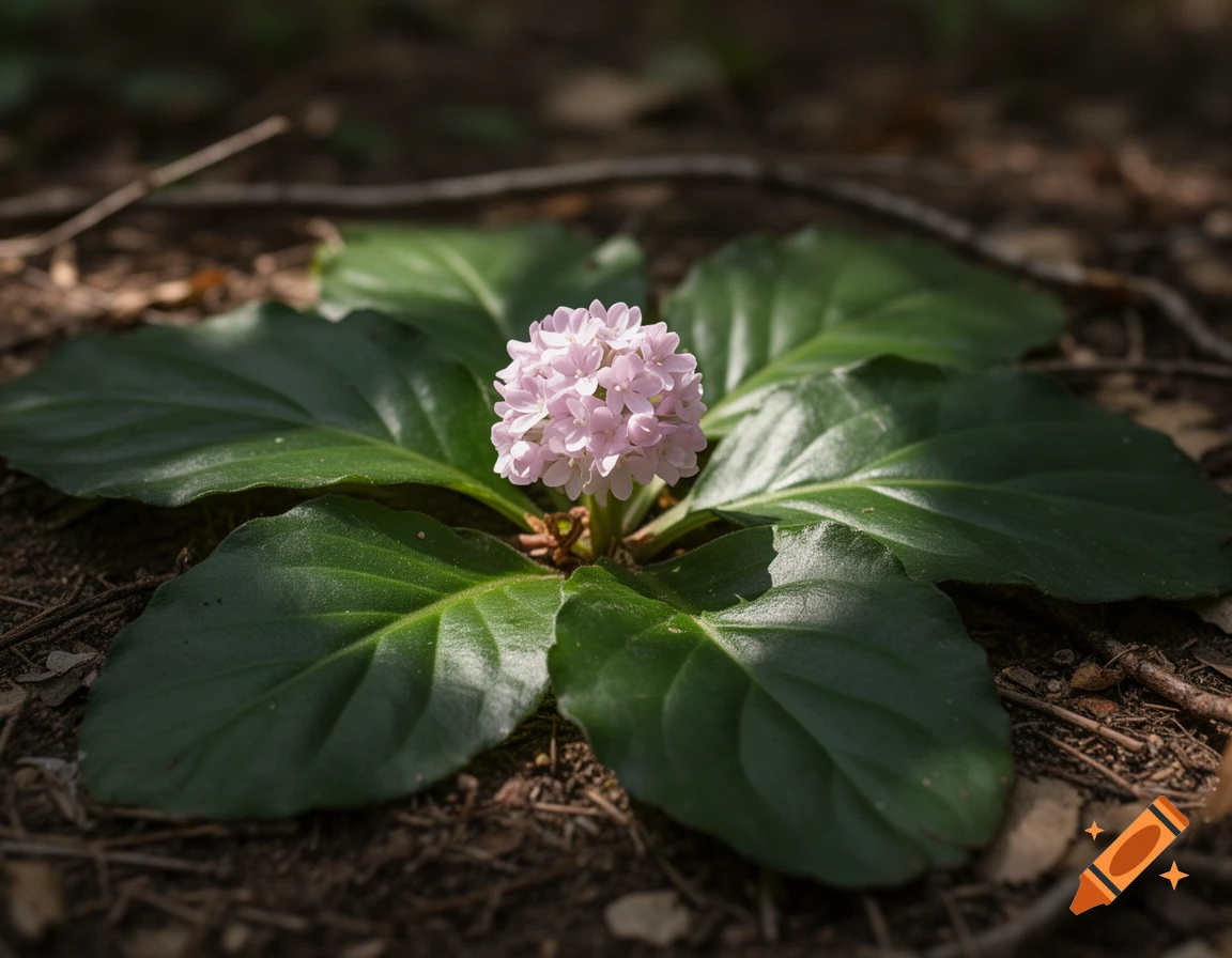 Close-up of a small plant with light pink flowers and dark green leaves on a forest floor with dappled sunlight.