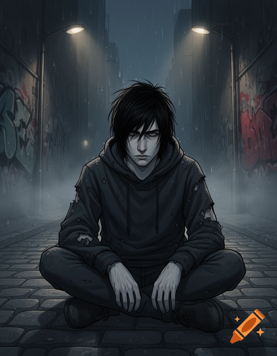 A drawn, dark-haired man in a torn hoodie sits cross-legged in a rainy, graffiti-filled alley, looking at the viewer.