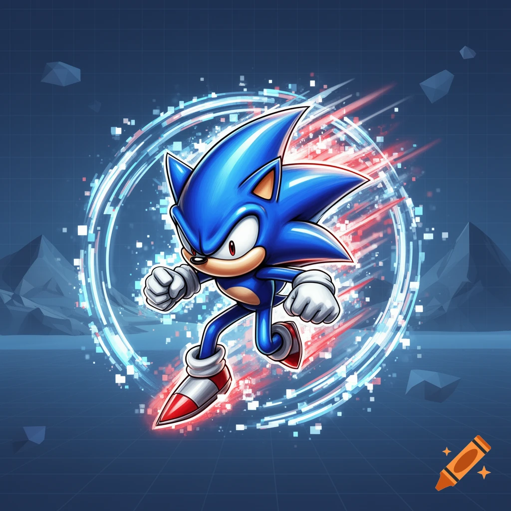 Stylized Sonic the Hedgehog in a dynamic pose, surrounded by glowing blue and red digital rings against a grid background.