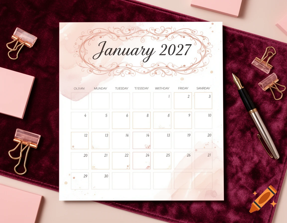 A luxury-inspired January 2027 calendar page with pink watercolor accents, surrounded by gold binder clips, a fountain pen, and pink sticky notes on a deep red velvet surface.