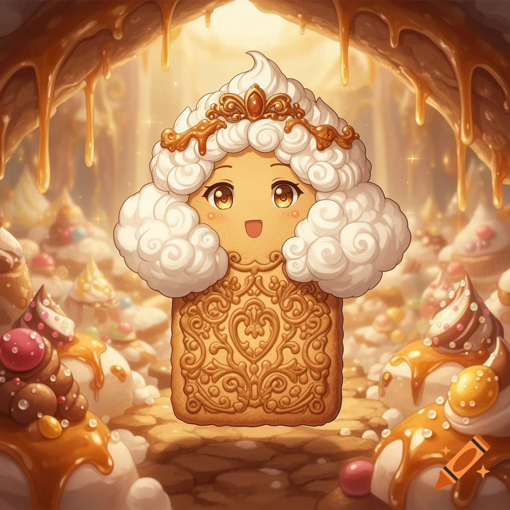 A cute, smiling cookie character with whipped cream hair and a golden crown, patterned body, in a candy kingdom filled with desserts.