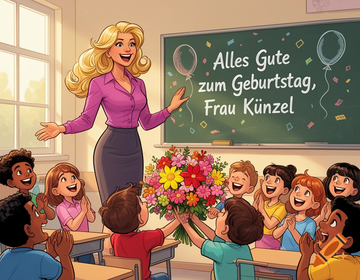 A smiling blonde teacher receives a large flower bouquet from happy students in a cartoon classroom, with 'Happy Birthday, Mrs. Künzel' on the blackboard.