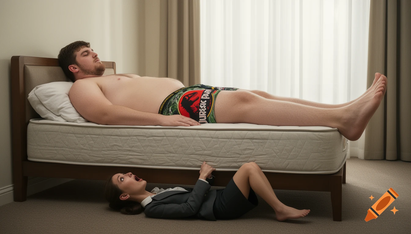 An enormous man in Jurassic Park boxer shorts sleeps on a bed while a tiny woman in business attire lies on the floor under his foot, looking up in shock.