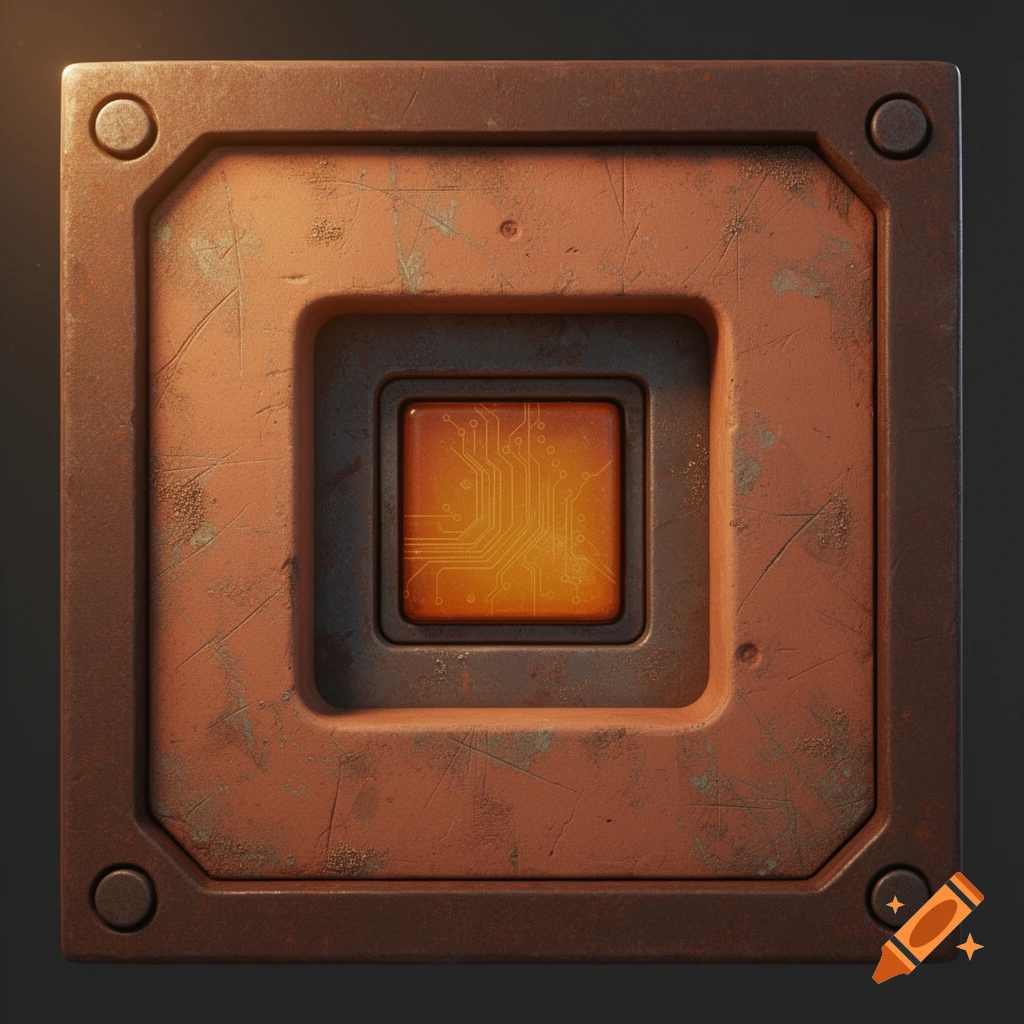 A weathered, rust-colored metal square with corner bolts and a central glowing amber-orange panel etched with circuit patterns.